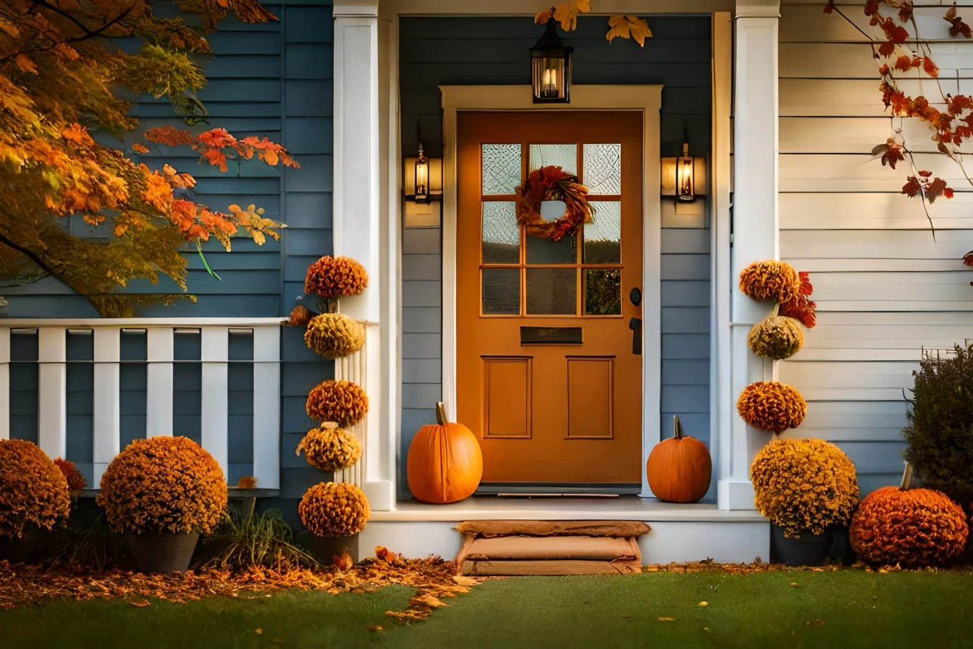 Front Door With Fall Decor, Pumpkins And Autumnthemed Decorations.