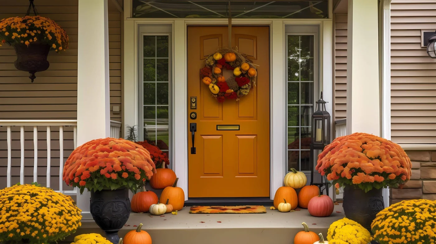 Beautiful goldenrod colored entry door with Autumn porch flowers and decor for Jacksonville Doors And Windows in Ponte Vedra, FL