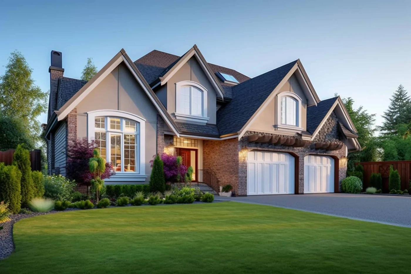 Luxury house exterior with brick and siding trim. modern Luxury house. Illustration. Luxury House Exterior With Brick And Siding Trim. Modern Luxury House. Illustration.