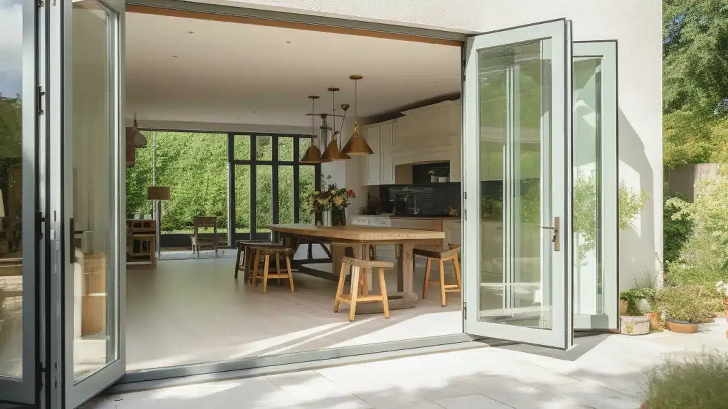 bifolding door opening to home with big brown dining table, brown lights, and a patio door in the background bifolding door opening to home with big brown dining table, brown lights, and a patio door in the background