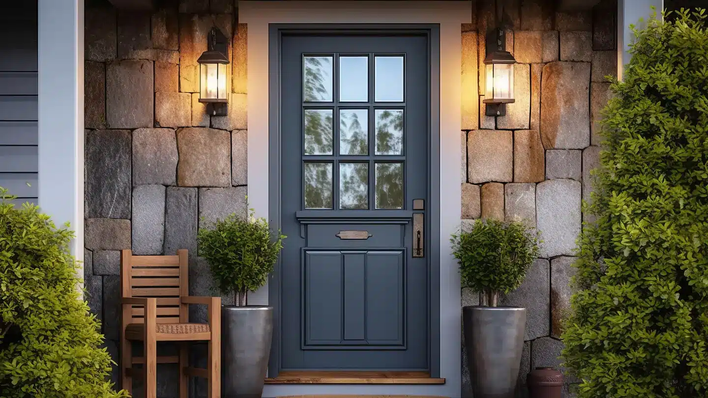 Dark Blue door with a glass surrounded by stone house siding, lantern light fixtures, and green bushes. Dark Blue door with a glass surrounded by stone house siding, lantern light fixtures, and green bushes.