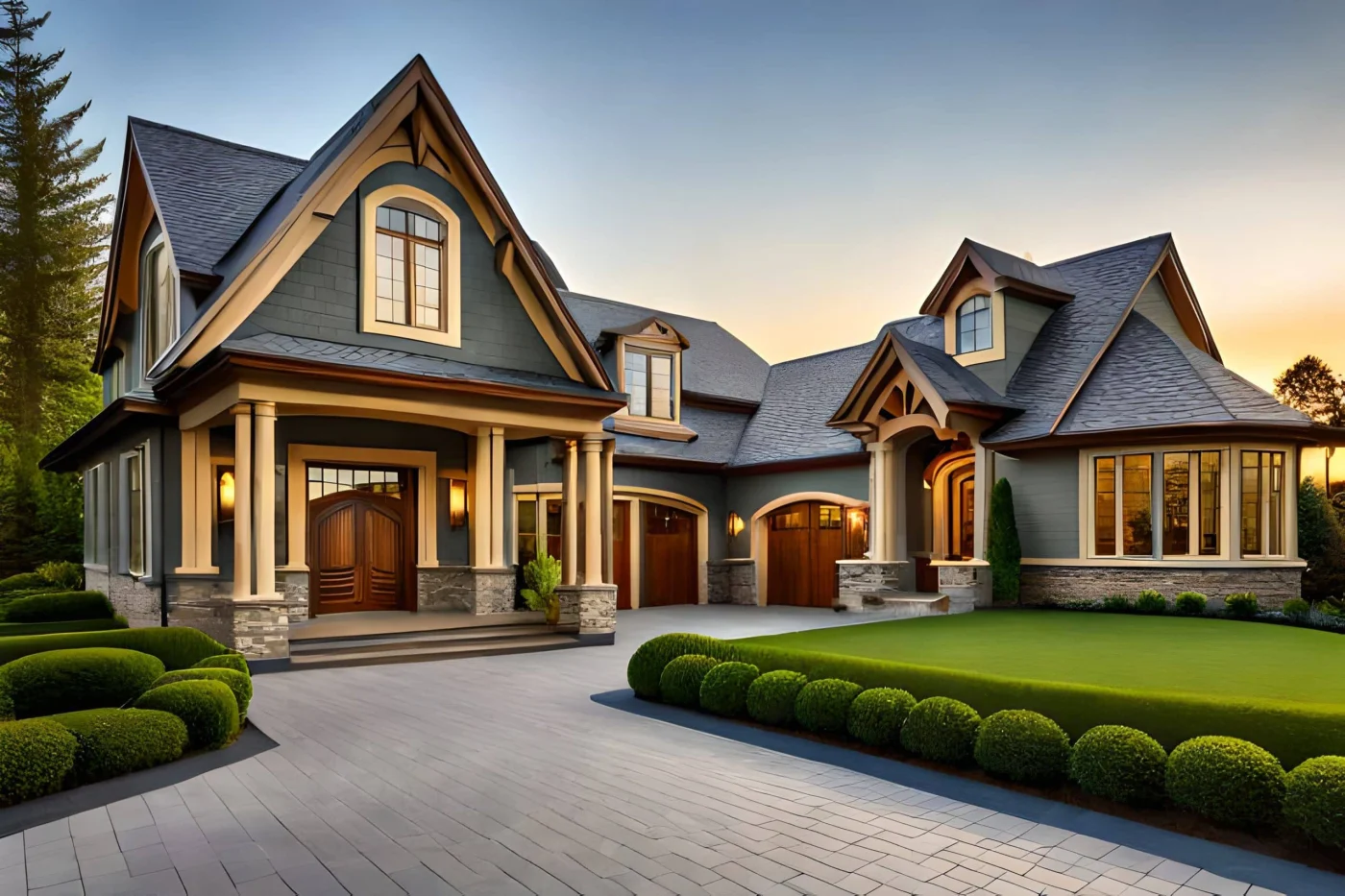 Luxury House Exterior With Brick And Siding Trim And Double Garage