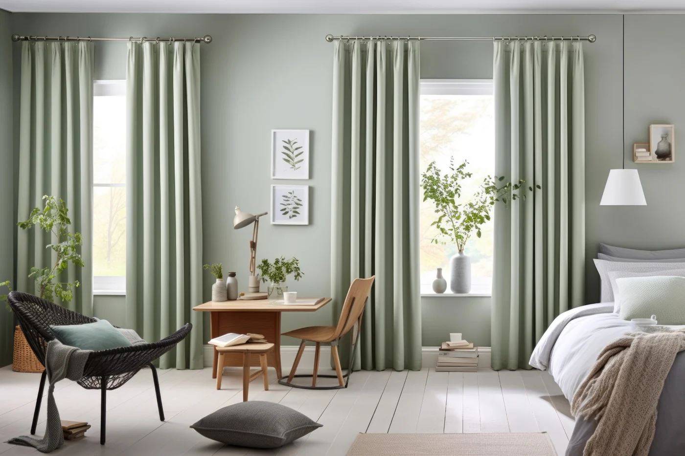 Windows from inside with light green cuetains and plants