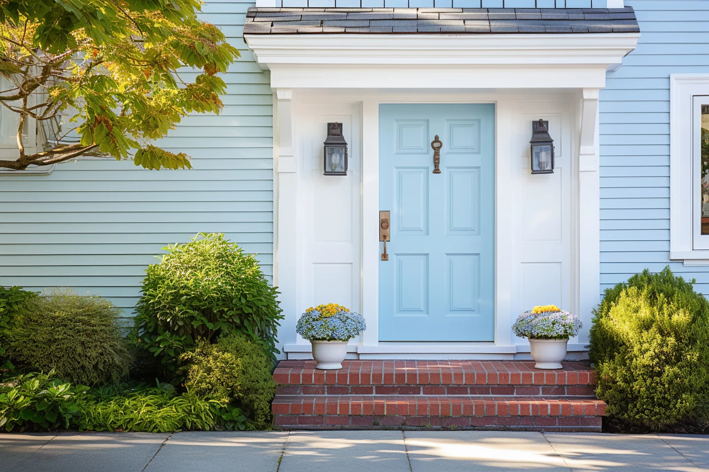 Light blue front door with brick step and blue house