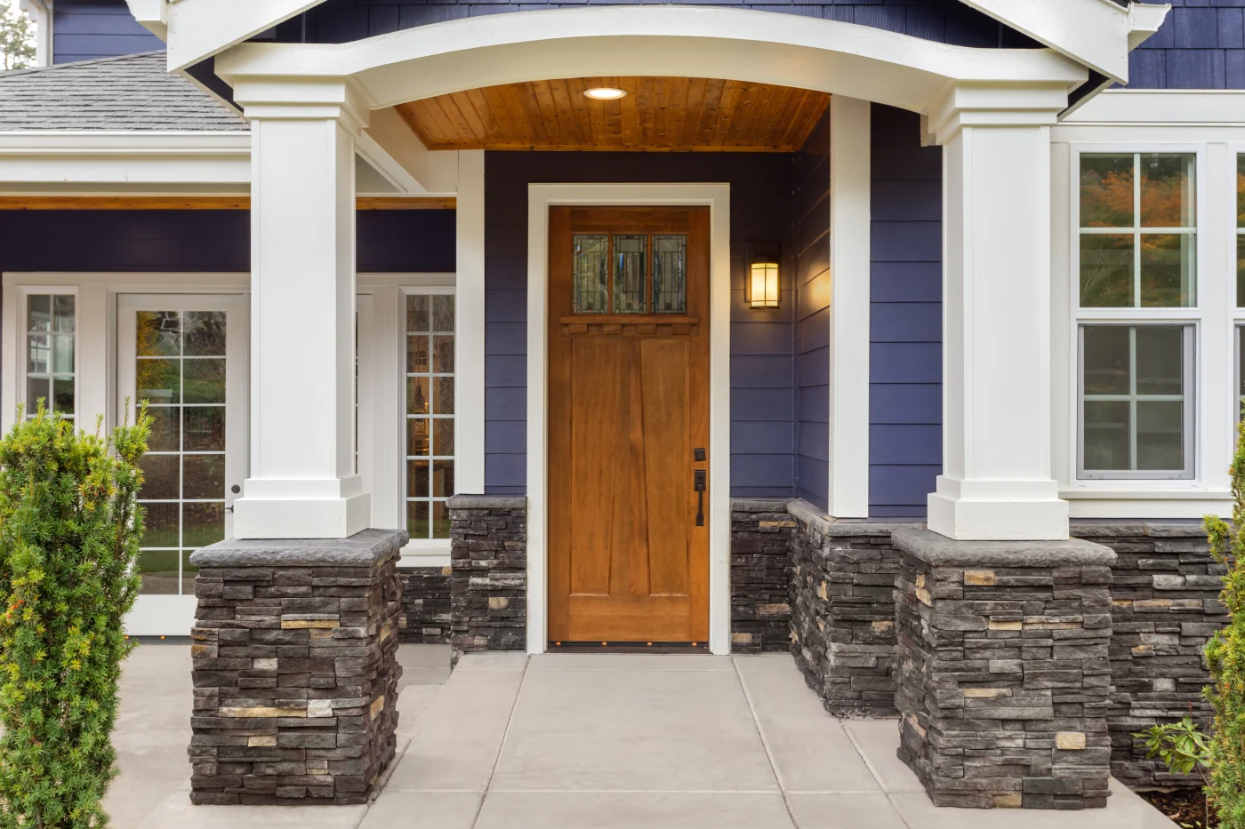Front Wood Residential Door Replacement In Atlantic Beach, Fl Wood door with glass on top on front door with blue siding