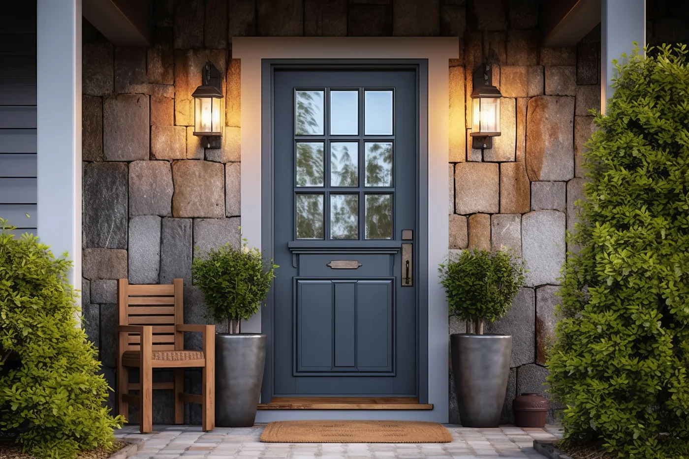 A dark door with six panes on a stone house with front porch and small trees