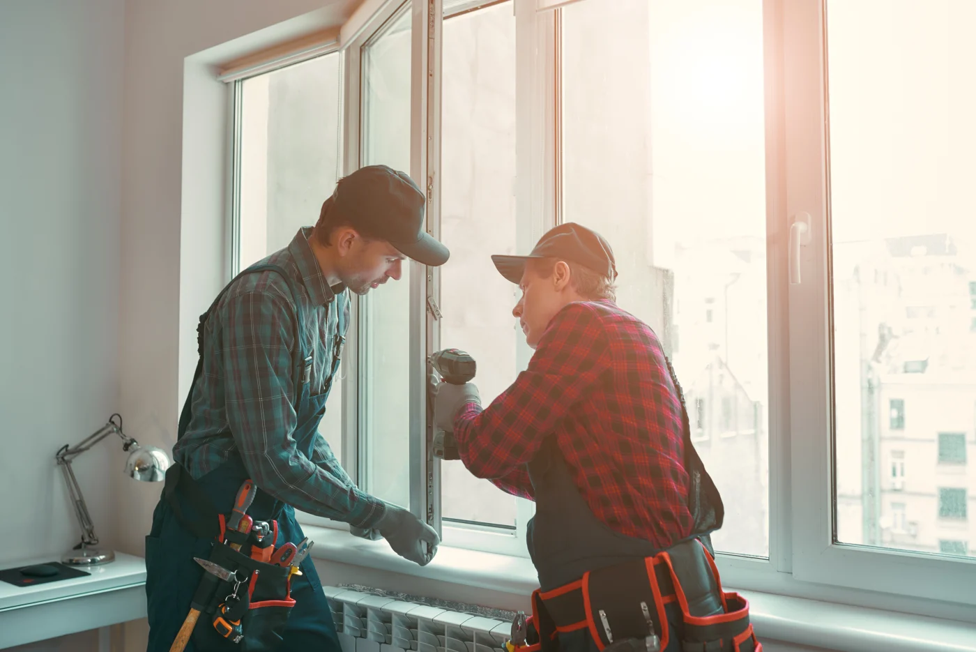 Workers In Plaid Installing Residential Replacement Windows