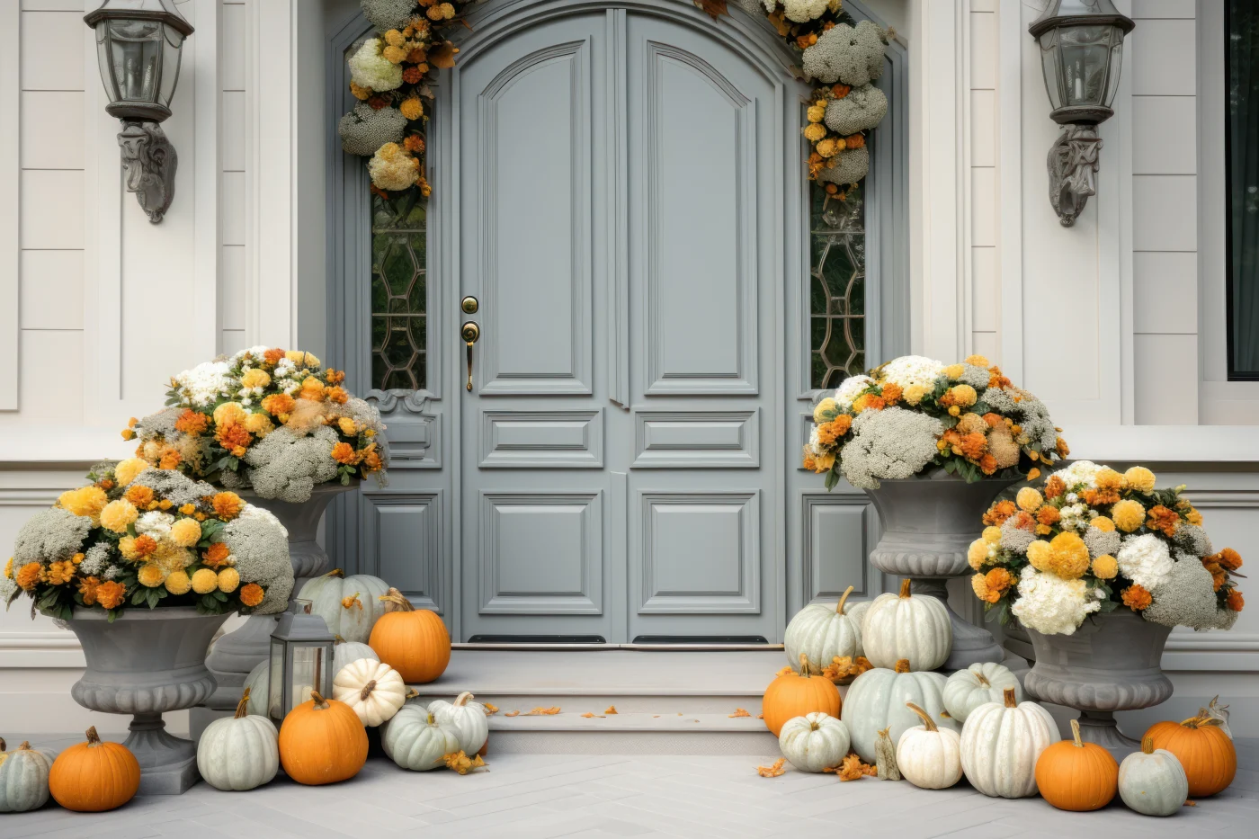 Sturdy gray door surrounded by pumpkins