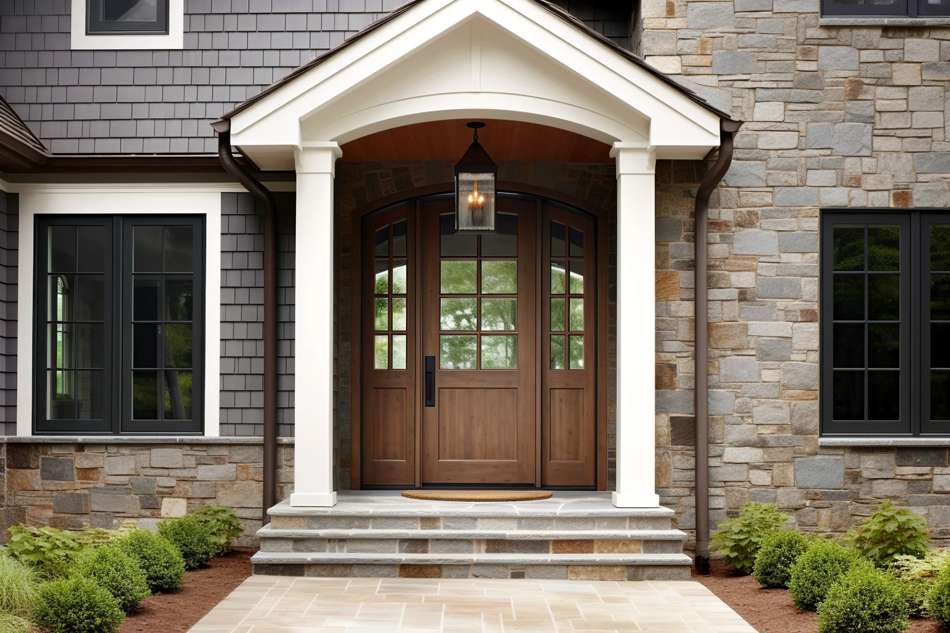 Top Tier Residential Door Replacement Amelia Island Jacksonville Doors And Windows There is a brown wooden door in front of a house with a black handle.