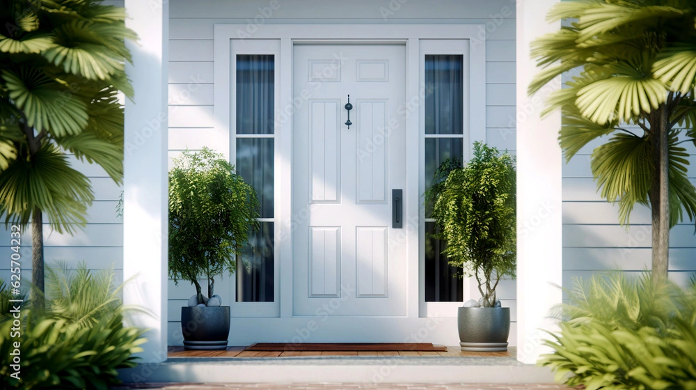 There is a white entry door with green plants on either side.