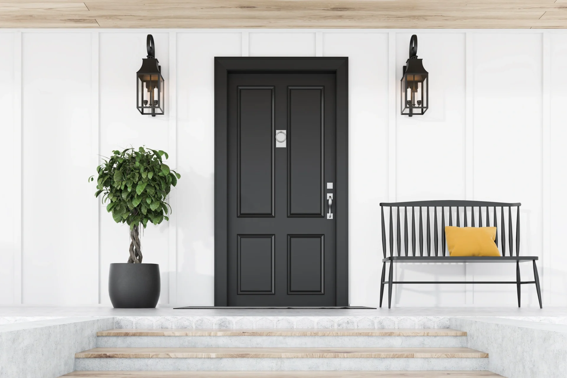 Modern black entry door with silver hardware with welcoming bench and plant
