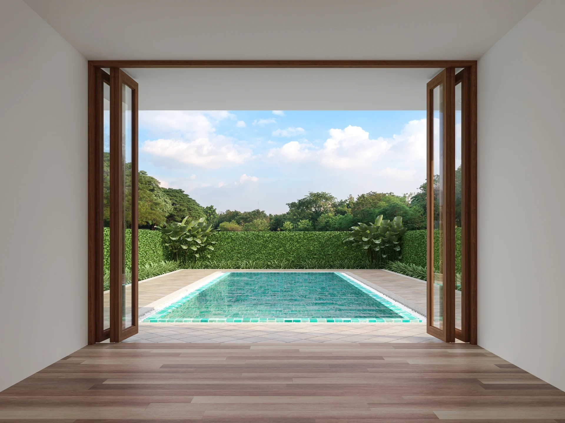 A set of beautiful bi-fold doors open up the home, allowing seamless transitions between the house and pool