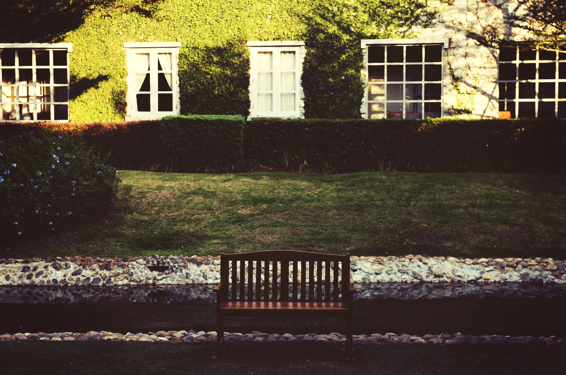 A bench in a cottage-style garden sits facing a variety of window styles.