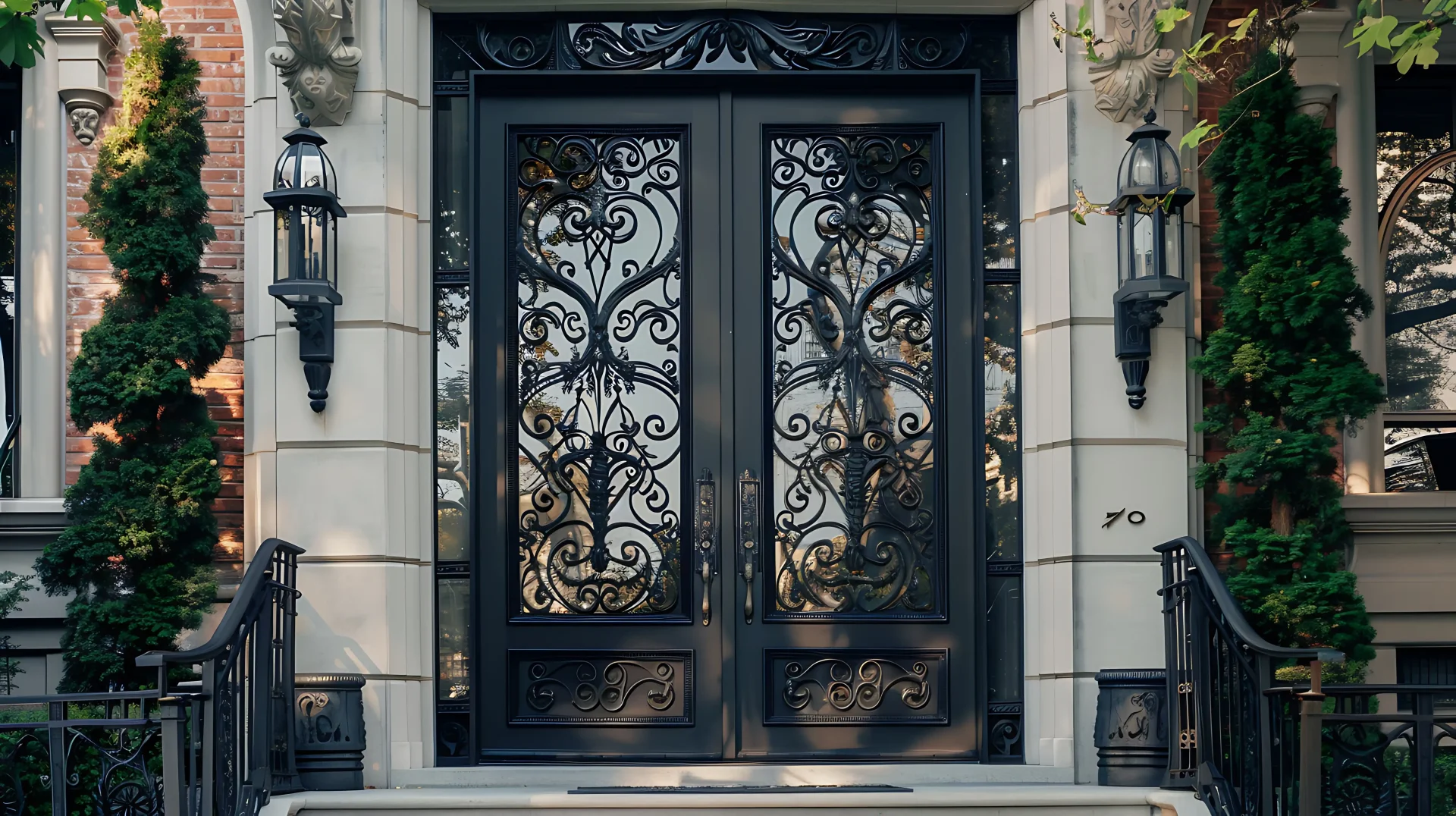 A pair of ornate iron doors make for a secure, dramatic, and stately entrance to a home.