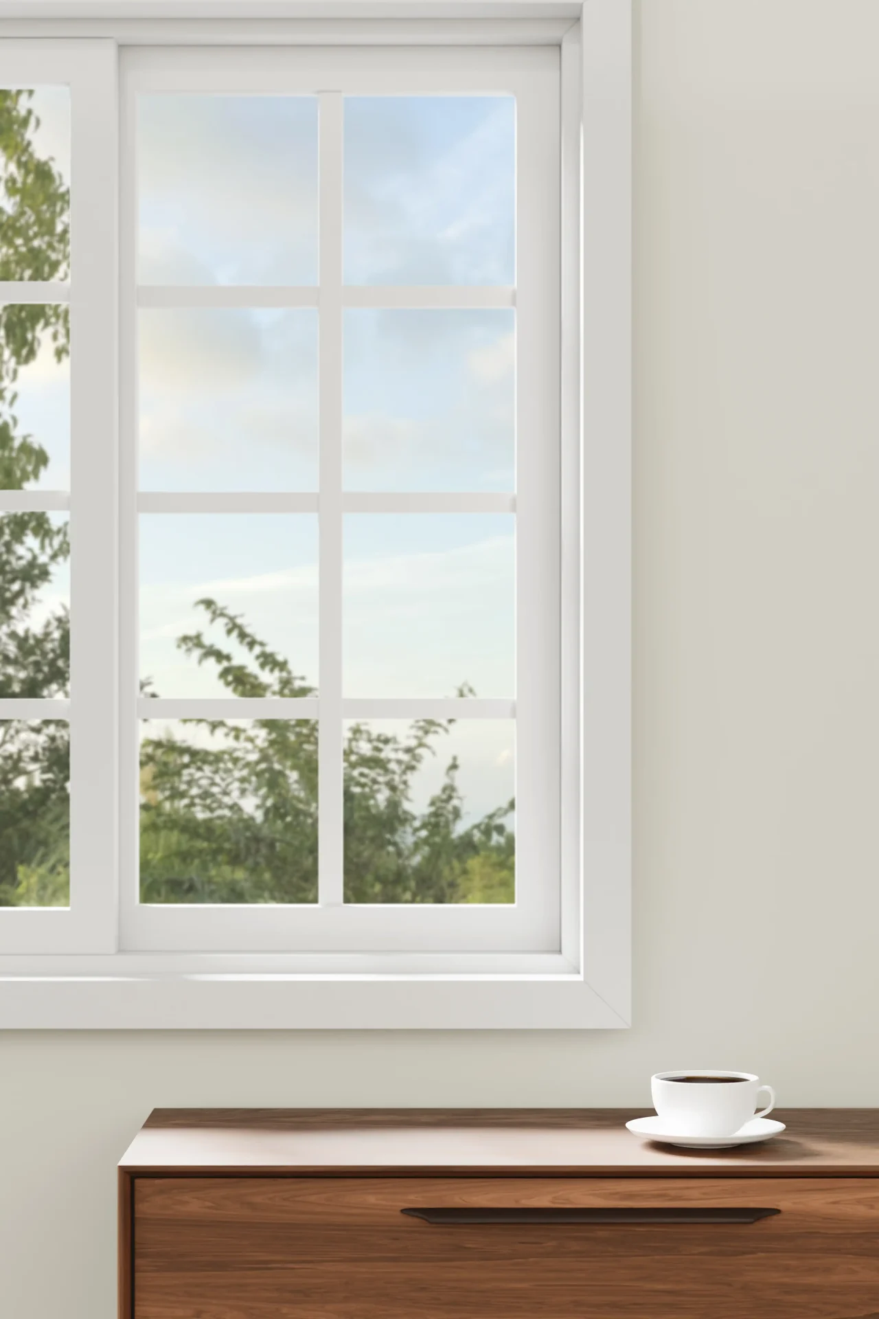 A cup of coffee sits on a wooden table in front of a new replacement window with decorative grilles.