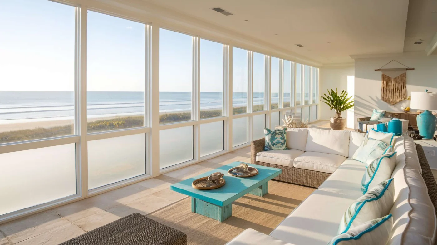 Amazing Replacement Windows In Flagler Beach, FL | Jacksonville Doors & Windows Living room with view of the beach from long row of windows