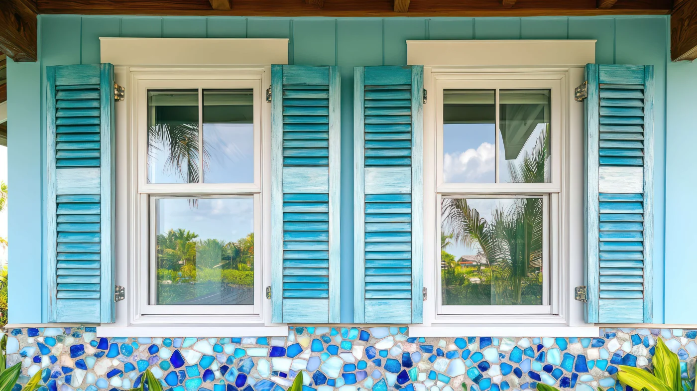 White fiberglass windows installed on home with sea blue shutters