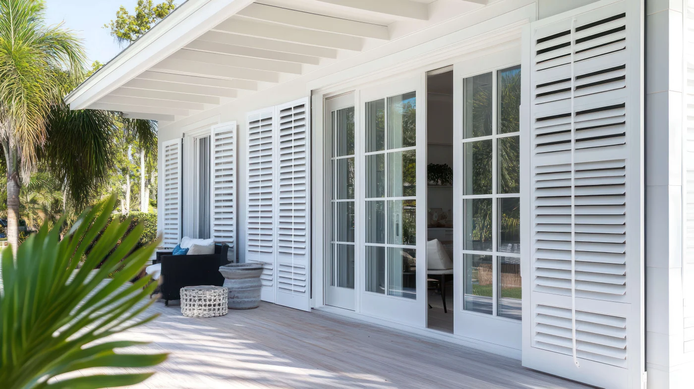 Sliding patio doors on patio of home leading to deck surrounded by greenery