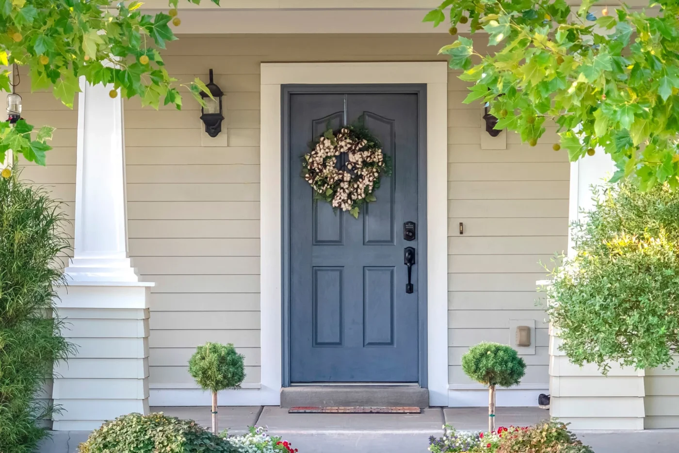 Blue door on white Florida home