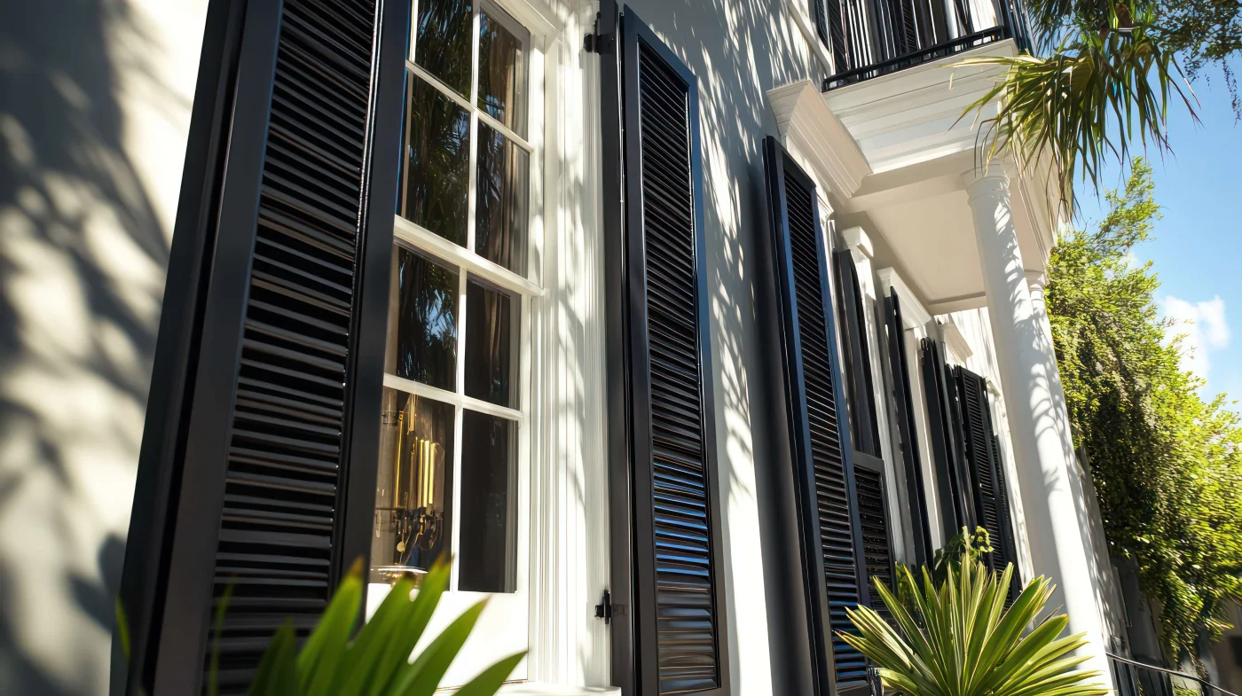 Traditional styled windows on white home with black shutters