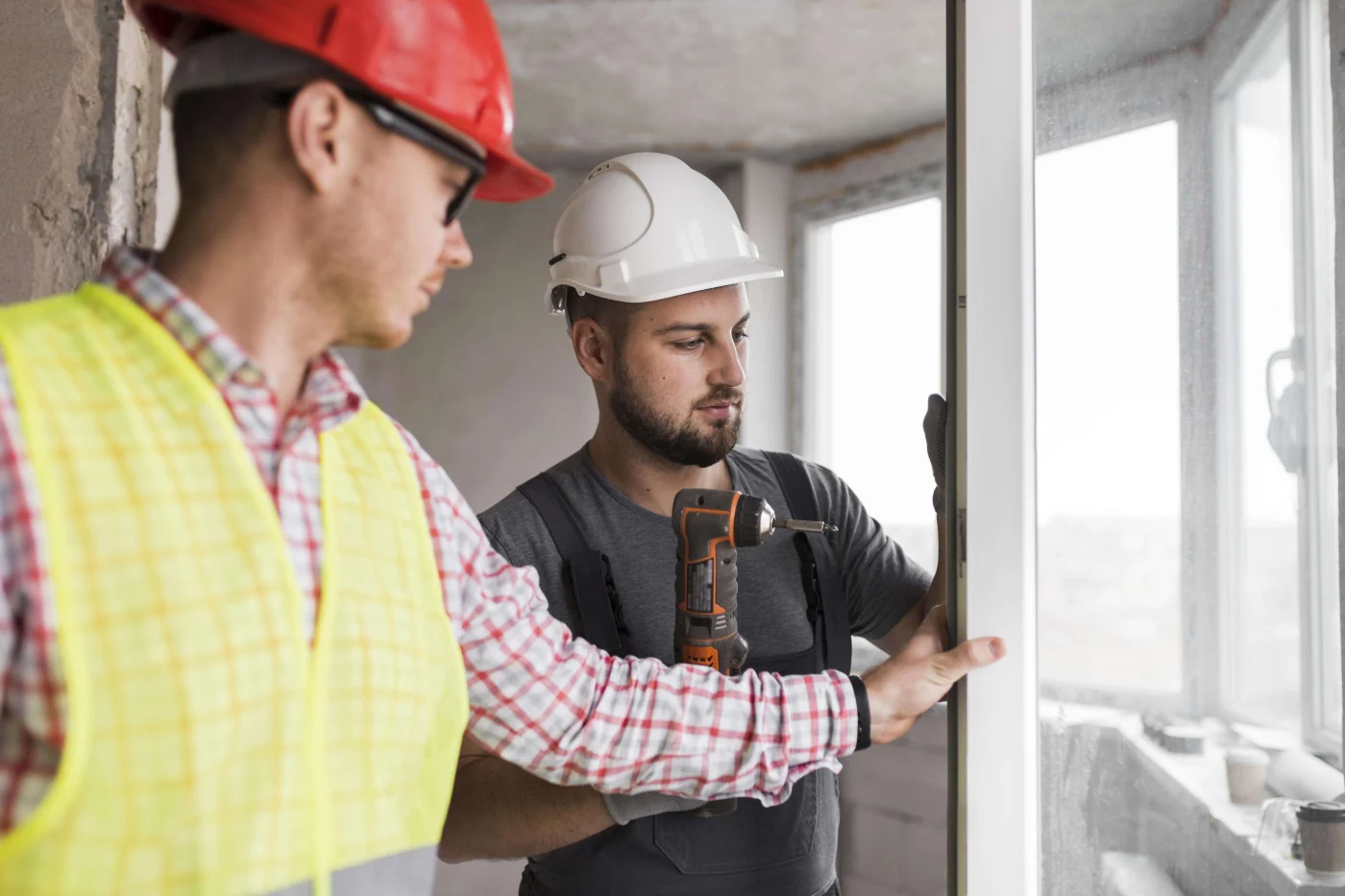 An image of two replacement door installers wearing safety helmets working on a sliding patio door in Northern Florida
