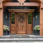 A wooden front door on a gray and stone house with wooden beams over the front porch