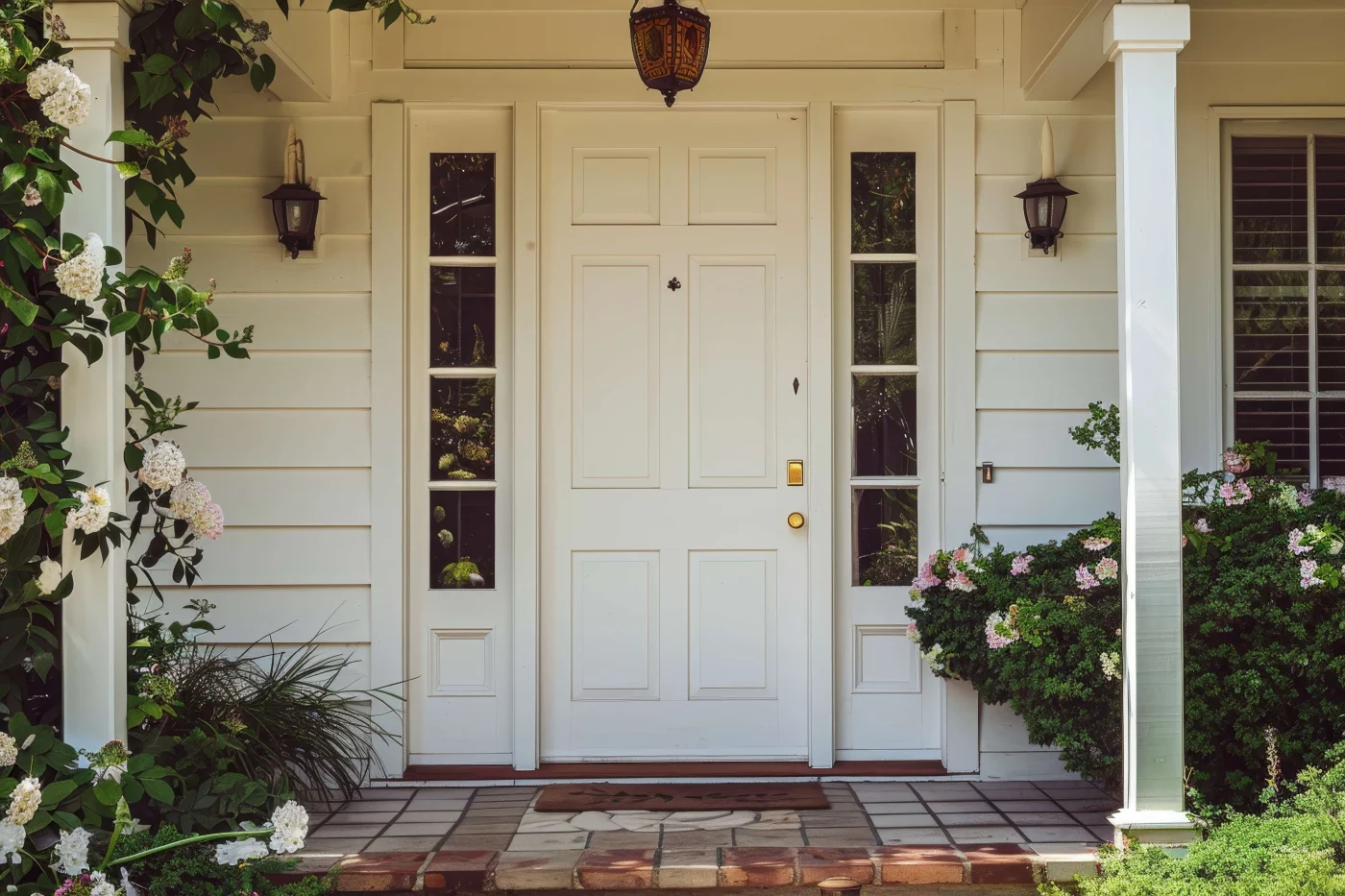A White House Featuring A Pristine White Front Door, Creating A A white front door with gold features on a white house.