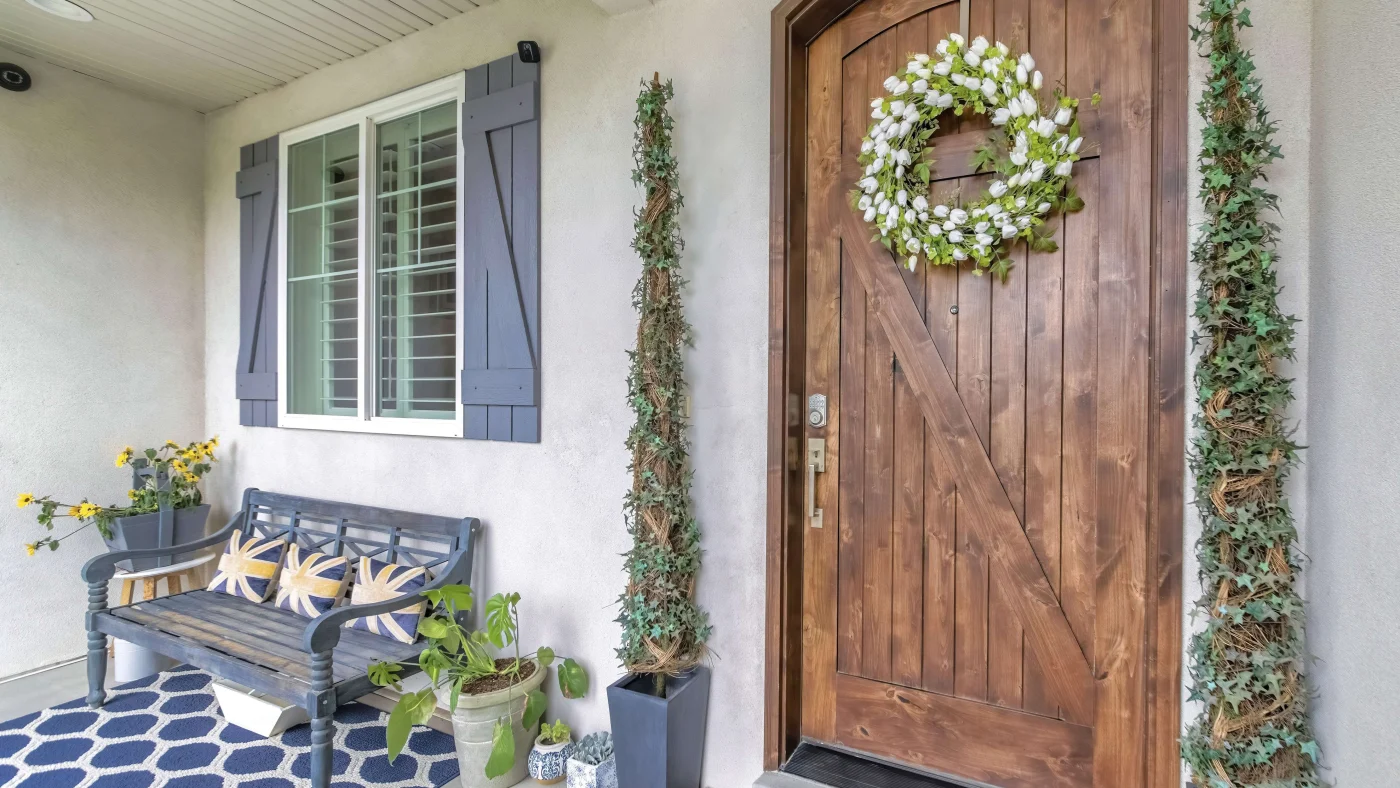 Panorama Porch Of A House With Wooden Front Door With Digital Key Access Panorama Porch Of A House With Wooden Front Door With Digital Key Access