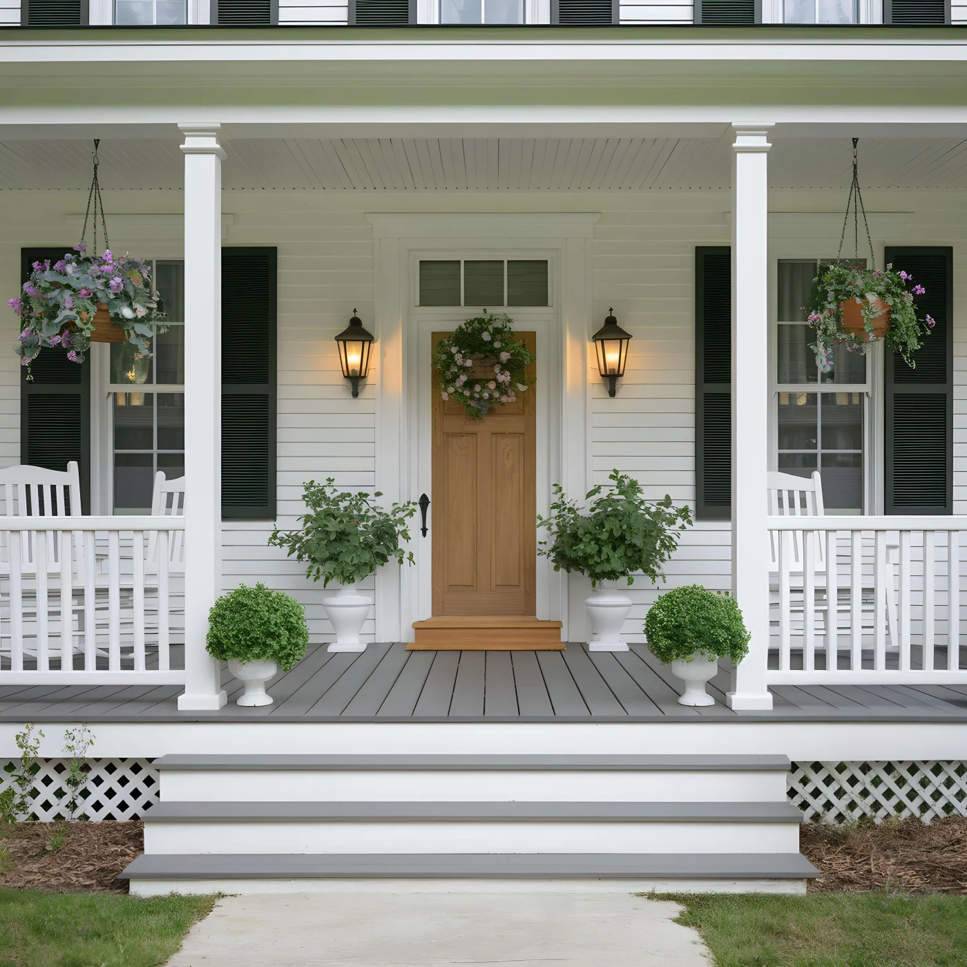 Gorgeous Front Door Replacement in Jacksonville Beach, FL | Jacksonville Doors & Windows A fiberglass entry door on a white home with columns and flowers.