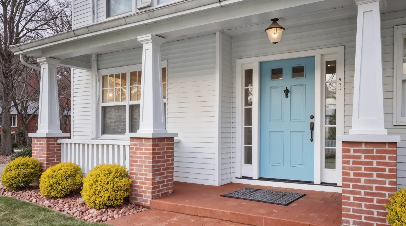 Secure Front Entry Doors in Nocatee, FL | Jacksonville Doors & Windows A house with a wraparound porch and a light blue front entry door.