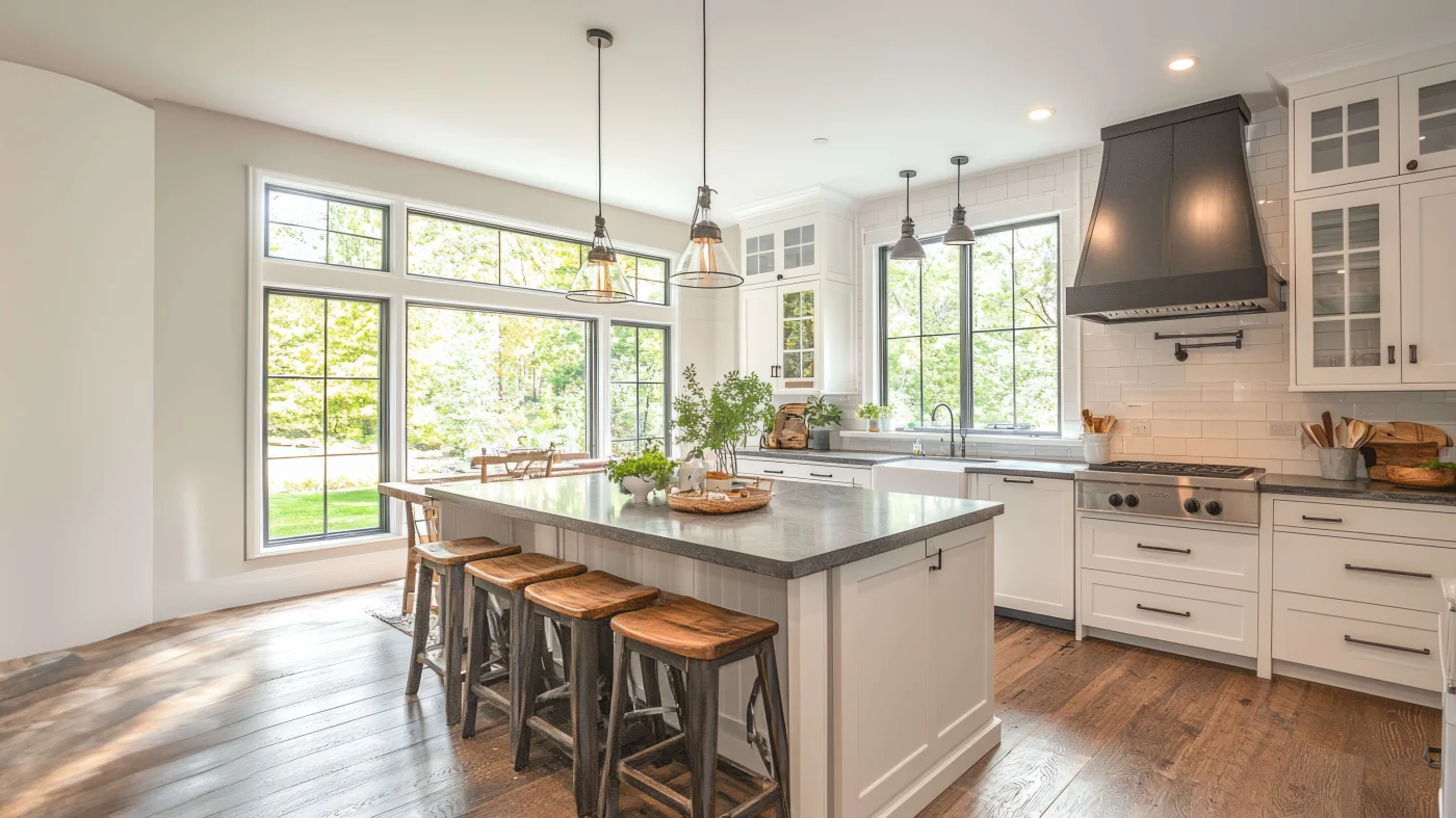 Spacious Replacement Windows in Nocatee, FL | Jacksonville Doors & Windows A large kitchen with new, spacious replacement windows overlooking a green, lush backyard.