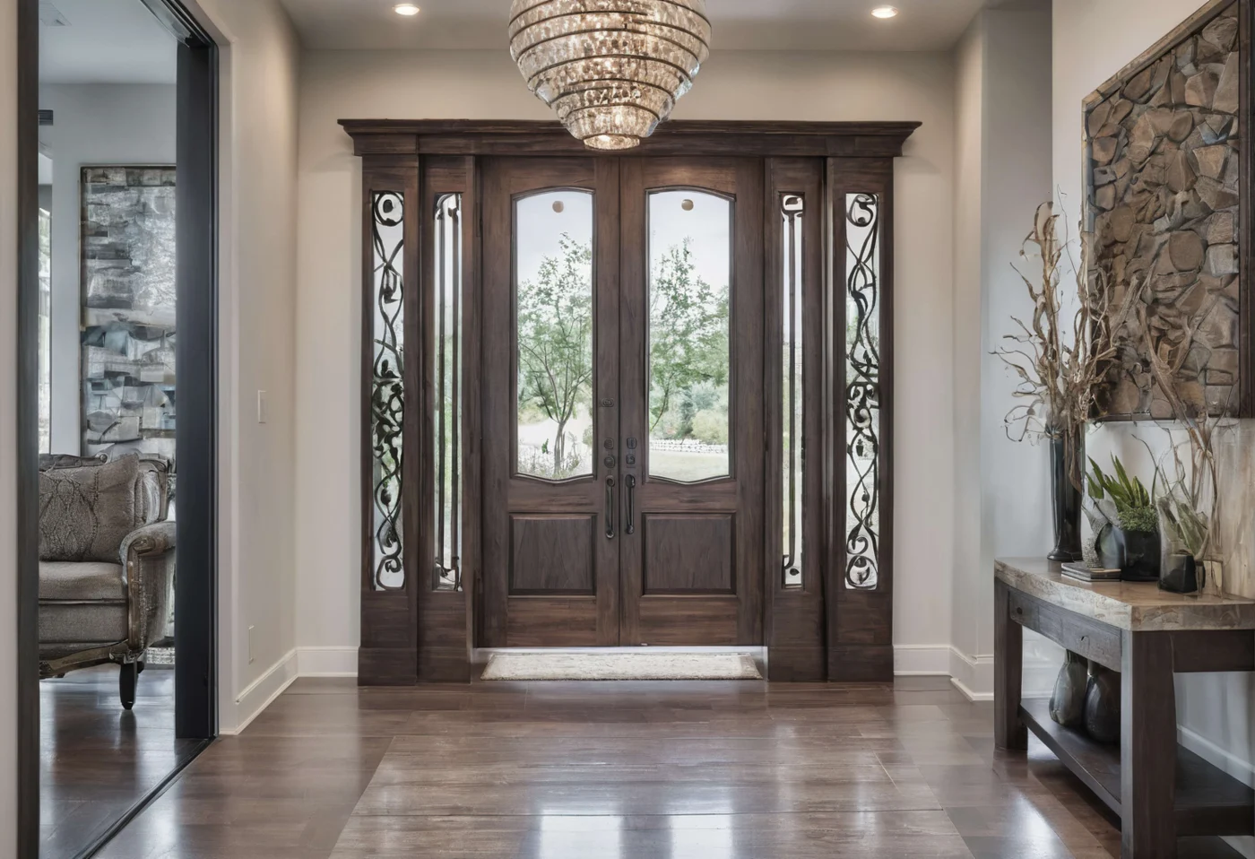 Stunning Door Replacement in Jacksonville Beach, FL | Jacksonville Doors & Windows A luxurious front door in a Jacksonville Beach, FL home with sidelights and wrought iron details.