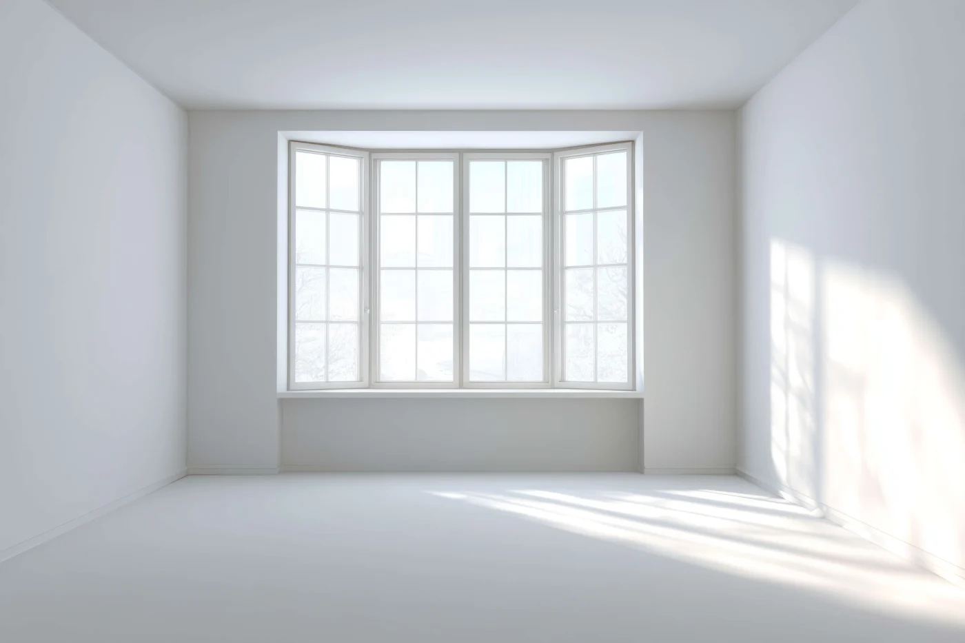 A large white bay window in an empty room.