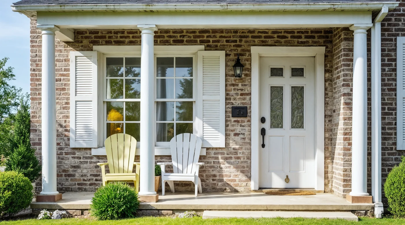 An entryway of a stone house, with a white entry door and a white-framed window installed by Jacksonville Doors & Windows.