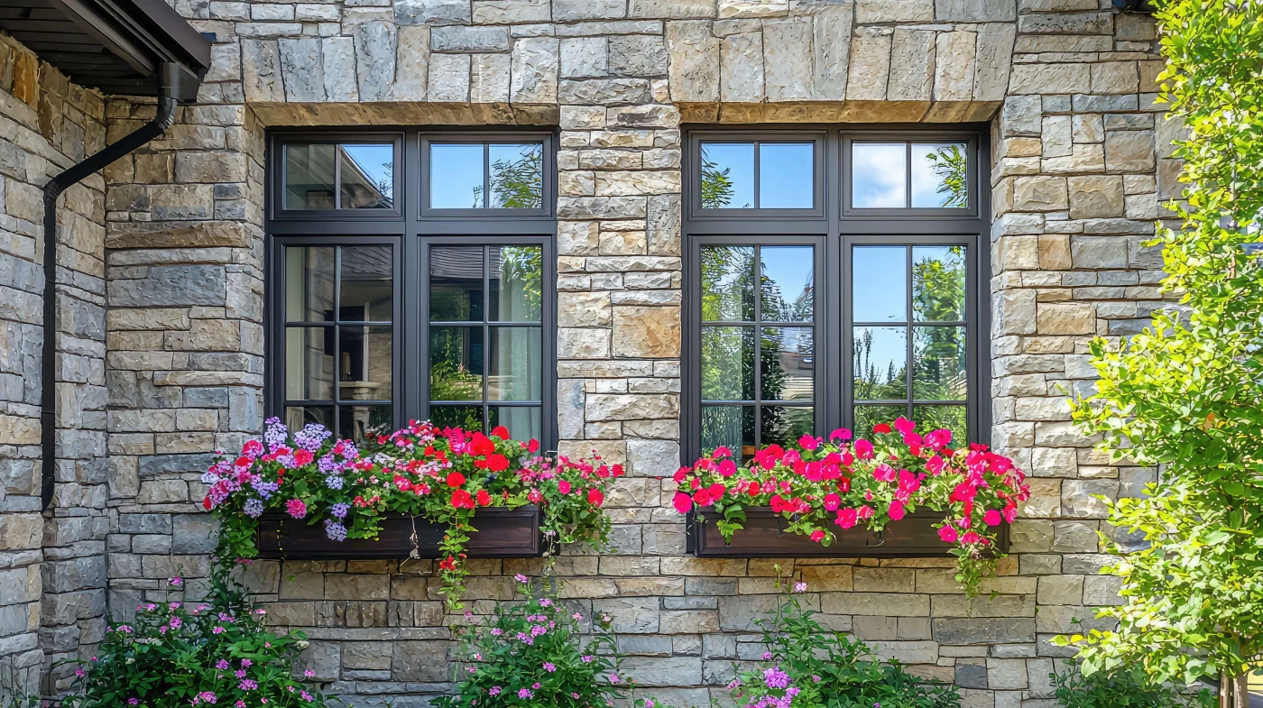 Two new brown-framed vinyl windows installed in a stone house in Fernandina Beach, FL.