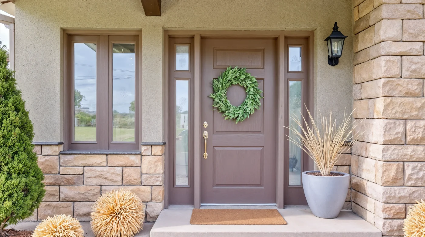 A modern wooden door with sidelights on a home near Arlington, FL.