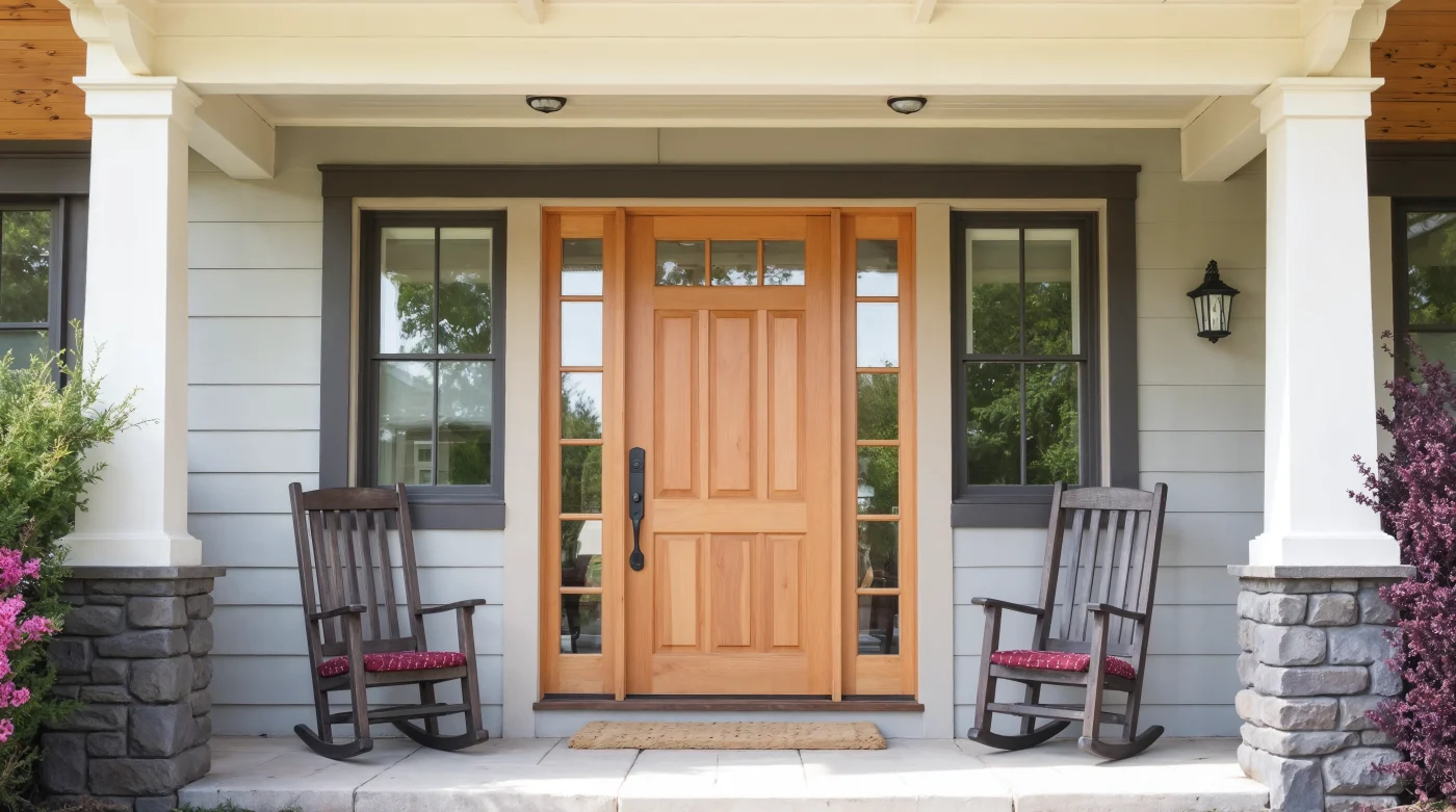 Unbeatable Windows & Doors in Orange Park, FL | Jacksonville Doors & Windows A front porch of a house with a new fiberglass entry door with sidelights.