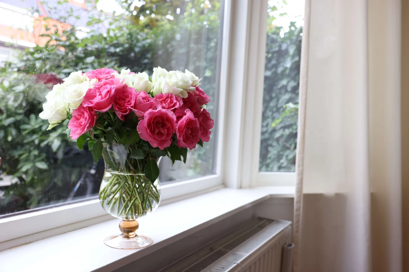 Gorgeous Replacement Windows in Fernandina Beach, FL | Jacksonville Doors & Windows A bouquet of pink and white flowers in a vase on the windowsill on new windows with white frames.