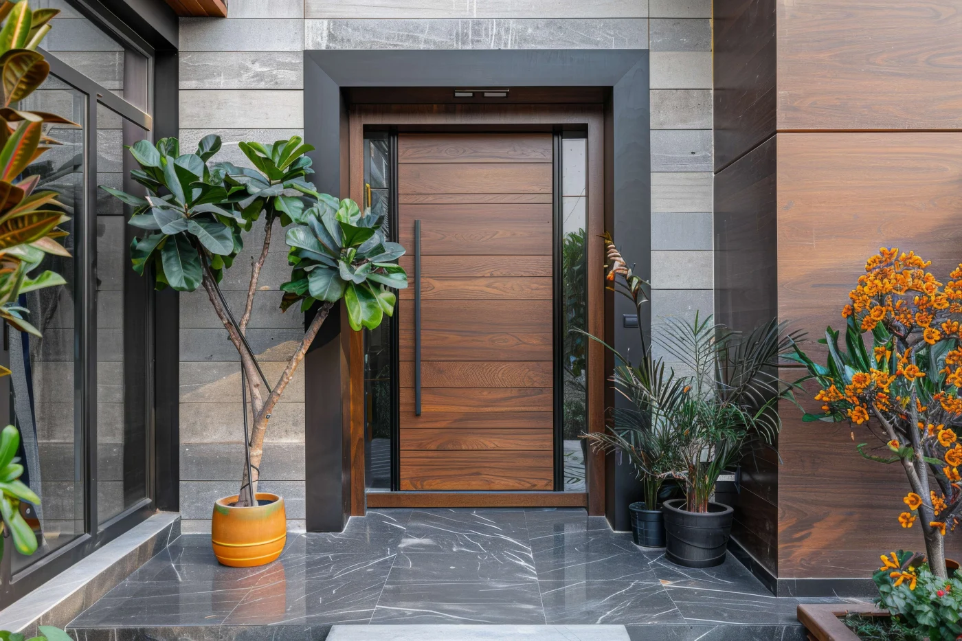 A sleek, contemporary wood entry door in a Jacksonville Area home with potted plants on the porch.