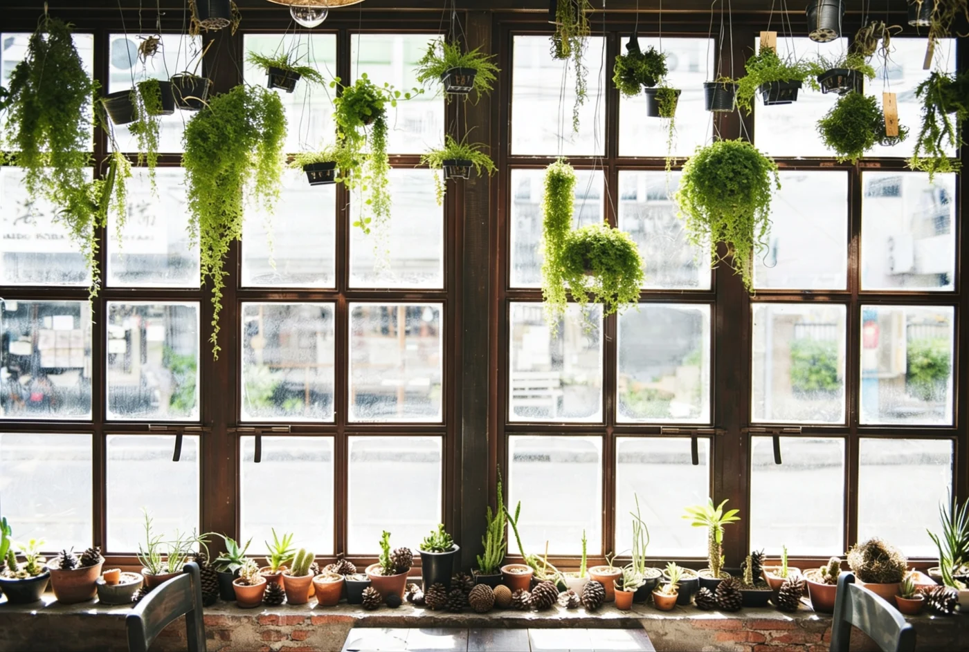 Strong Replacement Windows in Fernandina Beach, FL | Jacksonville Doors & Windows A spacious sunroom with floor-to-ceiling windows with green hanging plants in the foreground.