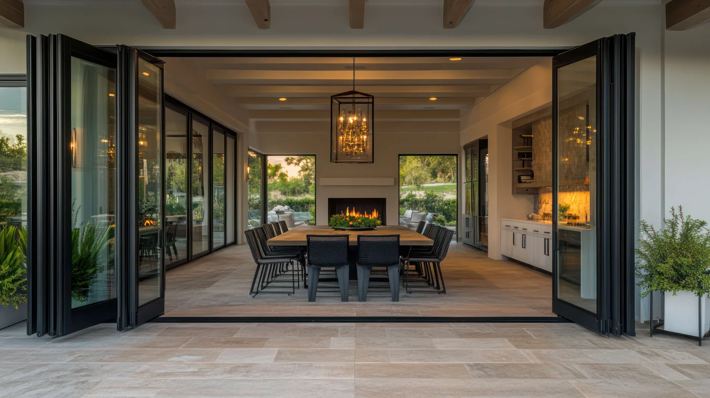 Bi-Fold Patio Doors In Jacksonville Beach, FL | Jacksonville Doors And Windows Black-framed bi-fold patio doors open a Jacksonville Beach, FL dining area to a spacious outdoor patio, creating a wide indoor-outdoor living space.