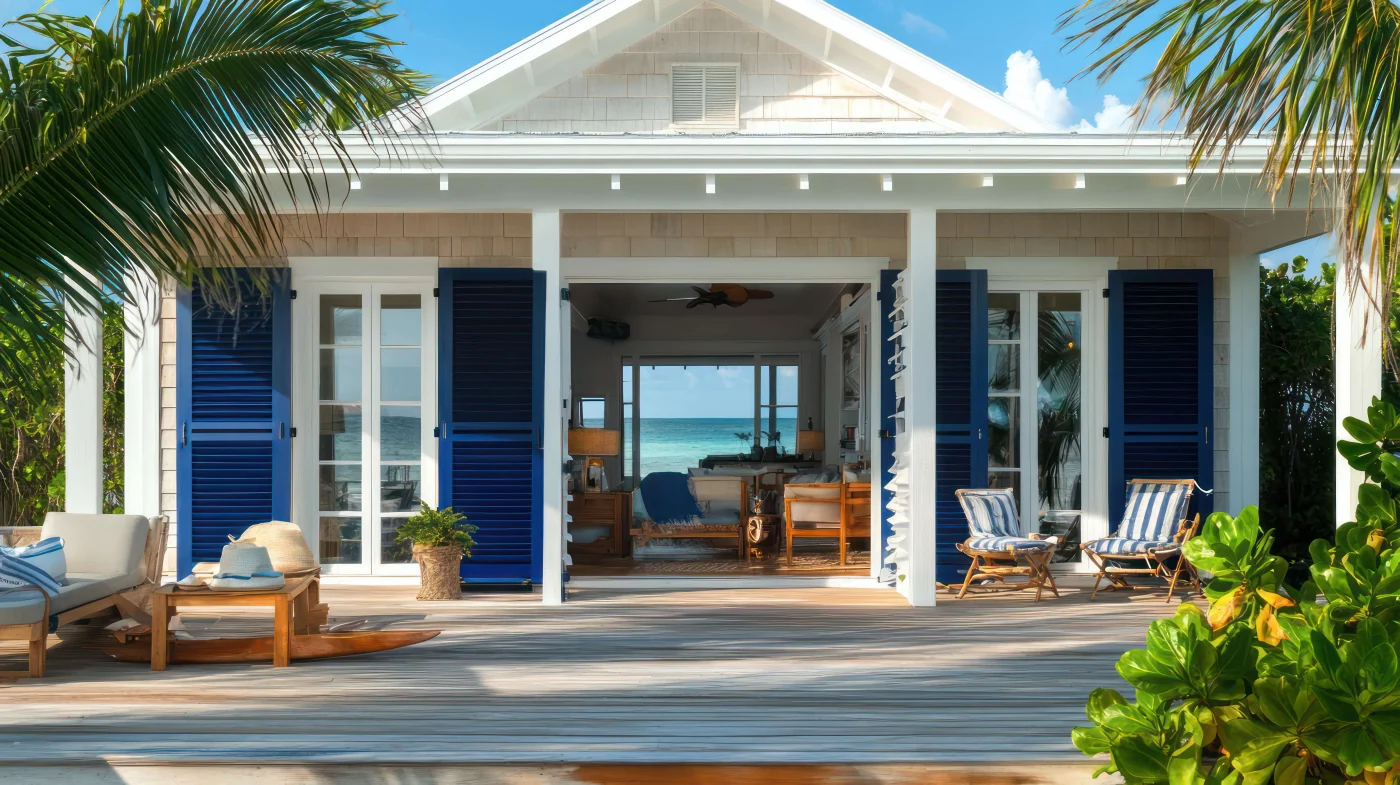 Custom Entry and Patio Doors In Orange Park, FL | Jacksonville Doors And Windows Coastal home with white French entry doors, blue shutters, and a wide open patio doorway leading to an ocean view.