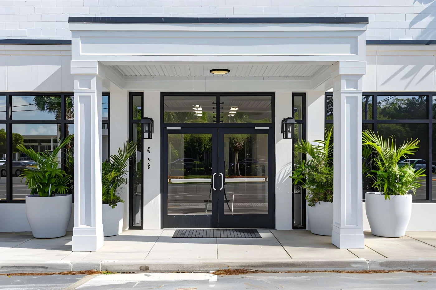 Reliable Door Replacement In Arlington, FL | Jacksonville Doors & Windows Black framed glass double entry doors with narrow sidelights, white covered entryway, potted tropical plants, and modern exterior design for an Arlington, FL door replacement project.