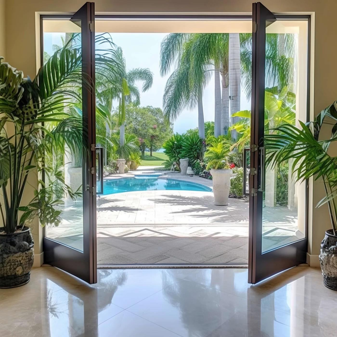 Stylish Entry Door Replacement In Arlington, FL | Jacksonville Doors & Windows Open black framed glass pivot entry doors leading to a pool patio with tropical landscaping for an Arlington, FL door replacement project.