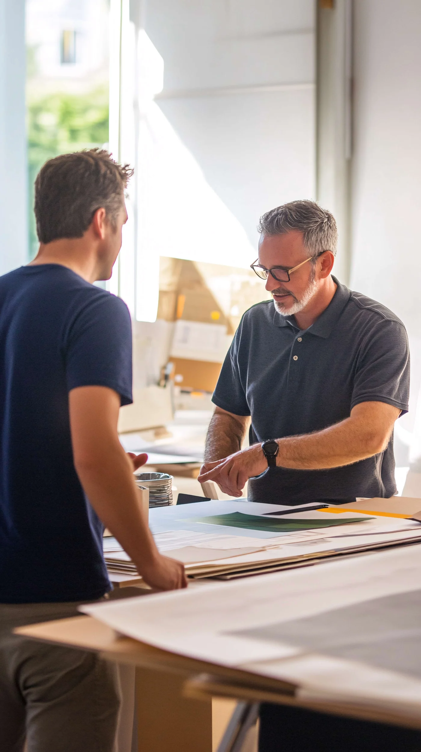 Door Replacement Consultation In Arlington, FL | Jacksonville Doors & Windows Two people reviewing entry door replacement plans and design materials during a consultation for an Arlington, FL door replacement project.