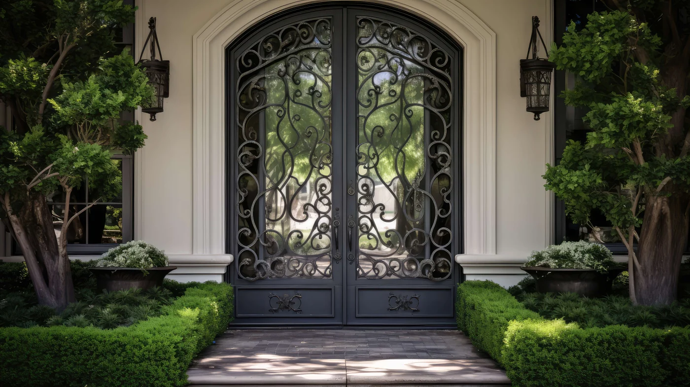 Dependable Door Replacement in Fernandina Beach, FL | Jacksonville Doors & Windows Black iron double-entry doors with decorative scrollwork, glass panels, an arched entryway, exterior lanterns, and manicured landscaping for a Fernandina Beach, FL door replacement project.