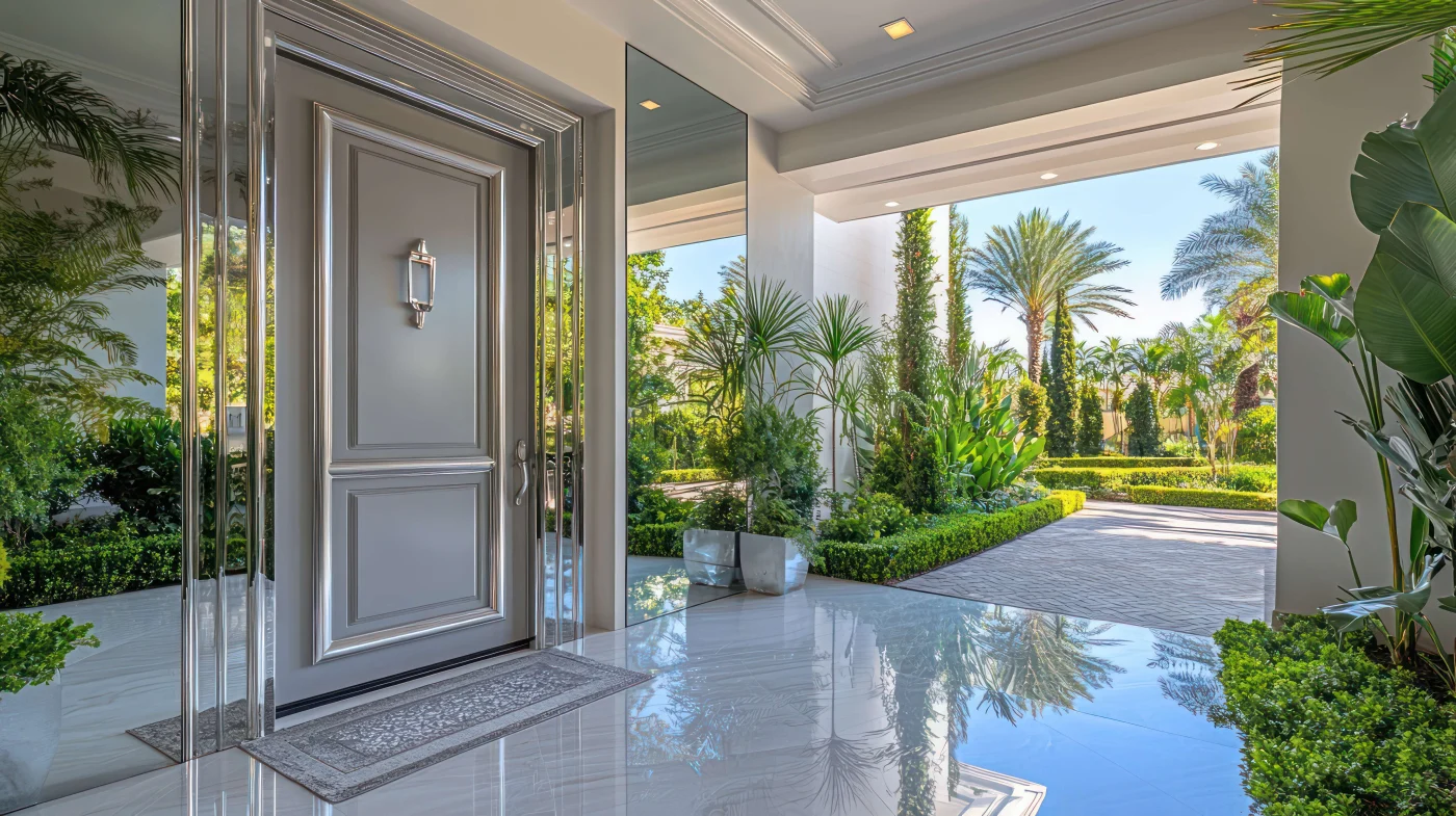 Entry Door Replacement In Fernandina Beach, FL | Jacksonville Doors & Windows Gray entry door with glass sidelights, covered entryway, tropical palm tree landscaping, and polished exterior flooring for a Fernandina Beach, FL door replacement project.