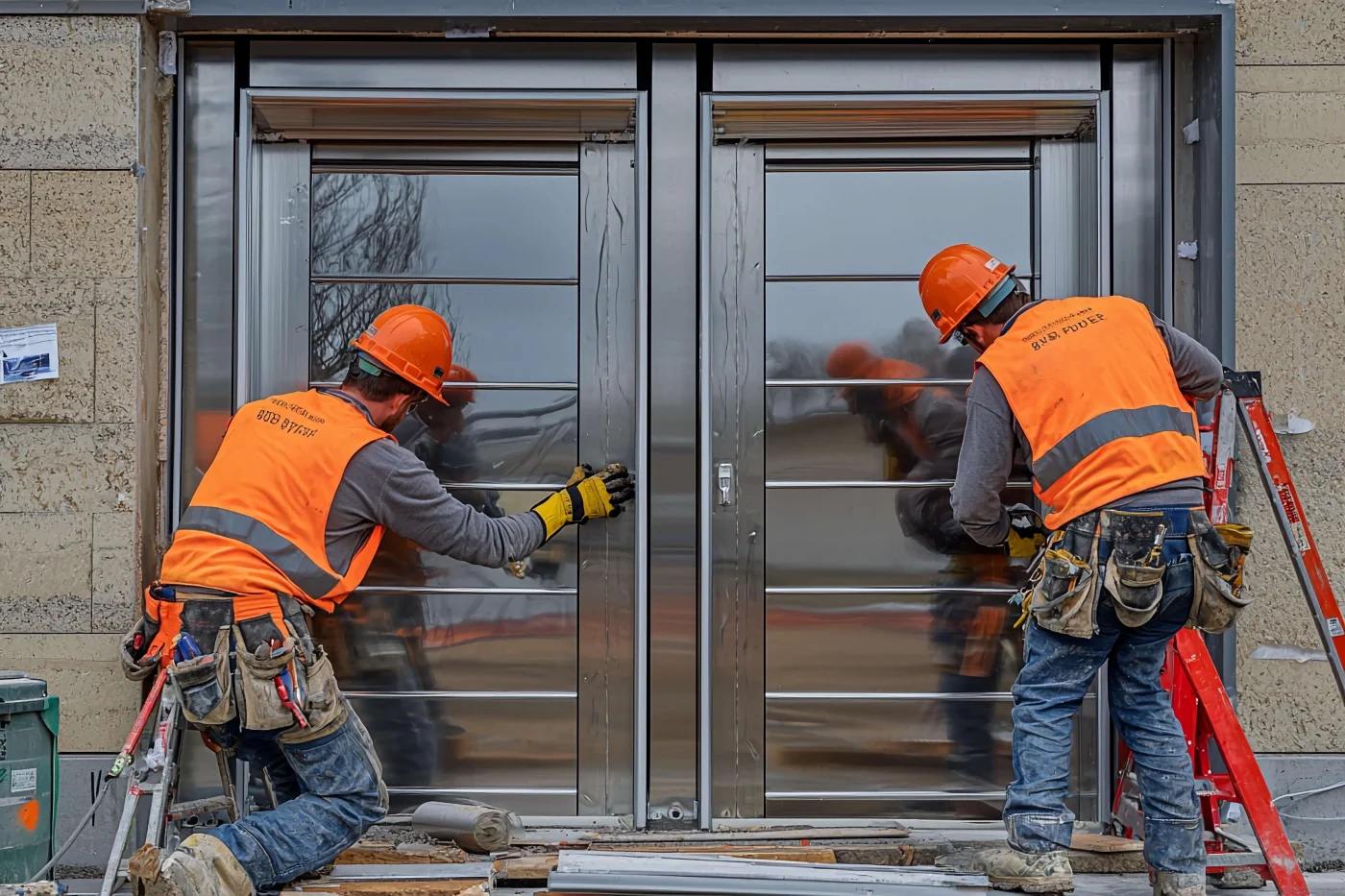 Door Replacement Installation In Fernandina Beach, FL | Jacksonville Doors & Windows Two workers in orange safety vests installing metal double-entry doors during a professional door replacement project in Fernandina Beach, FL.
