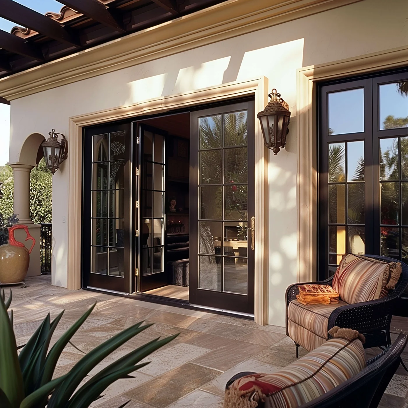 French Patio Doors In Jacksonville, FL | Jacksonville Doors And Windows Dark-framed French patio doors open from a Jacksonville, FL home onto a covered outdoor living area with cushioned seating and tropical landscaping.