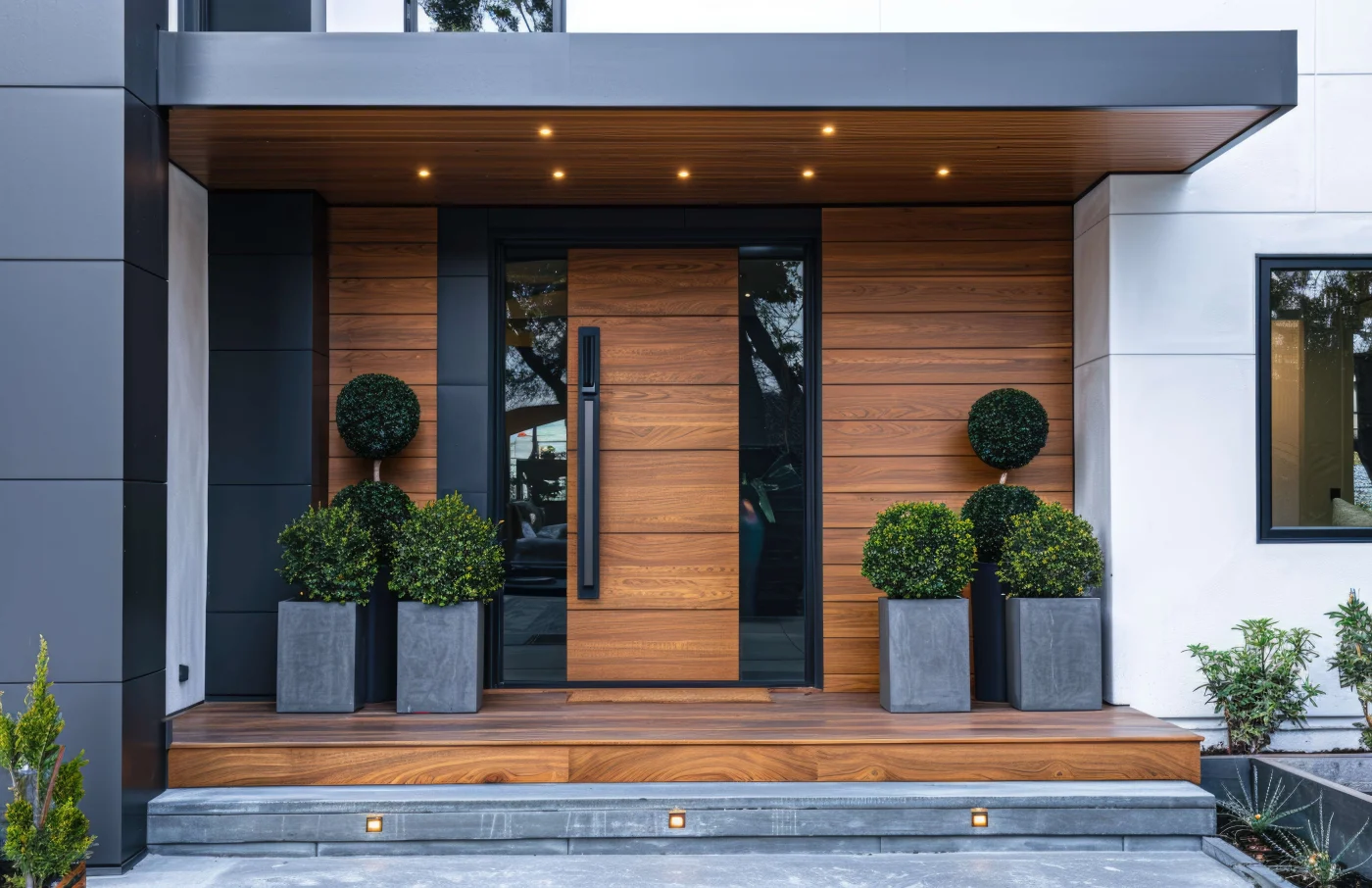 Modern Entrance With Two Planters On Steps Modern Entrance With Two Planters On Steps